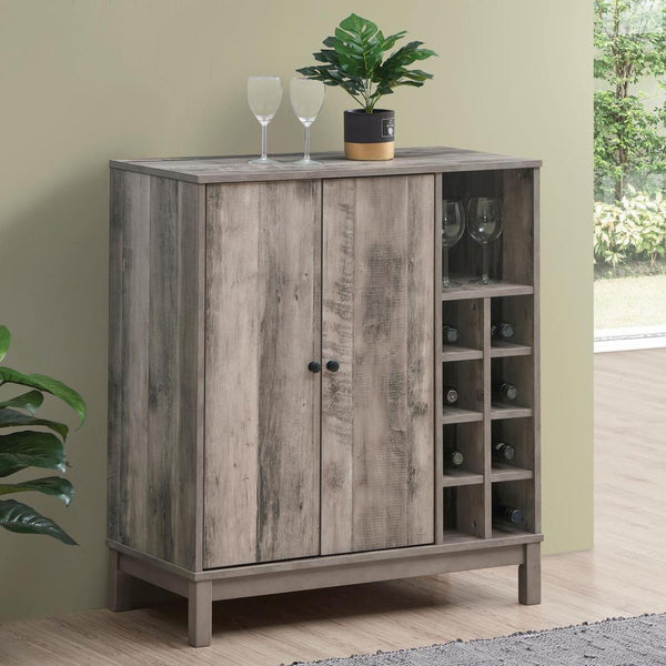 Cheyenne, 2-Door Acacia Rustic Wine Bar Cabinet, Weathered Acacia, Eight Bottle Storage