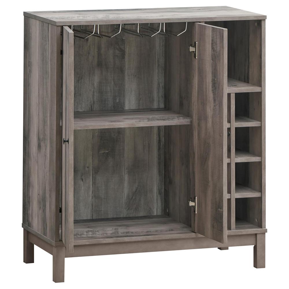 Cheyenne, 2-Door Acacia Rustic Wine Bar Cabinet, Weathered Acacia, Eight Bottle Storage