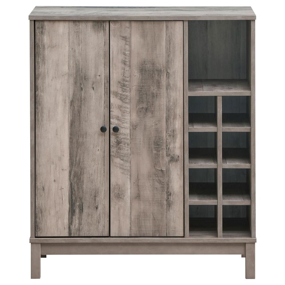 Cheyenne, 2-Door Acacia Rustic Wine Bar Cabinet, Weathered Acacia, Eight Bottle Storage