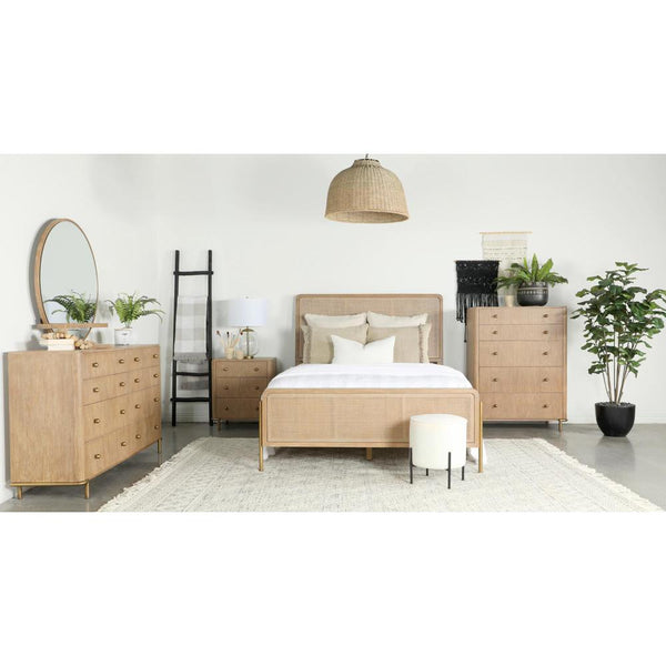 Arini Upholstered Eastern King Panel Bed Sand Wash and Natural Cane