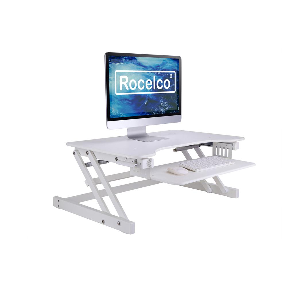 Rocelco 32" White Adjustable Standing Desk, Ergonomic Support, Retractable Keyword Tray