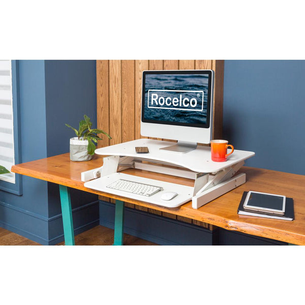 Rocelco 32" White Adjustable Standing Desk, Ergonomic Support, Retractable Keyword Tray