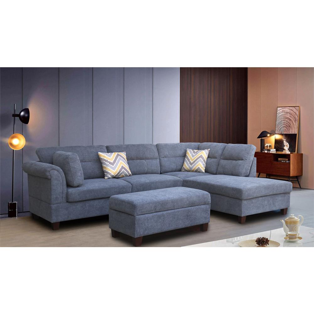 Diego Gray Fabric Sectional Sofa with Right Facing Chaise, Storage Ottoman, and 2 Accent Pillows - Lacasademartha 