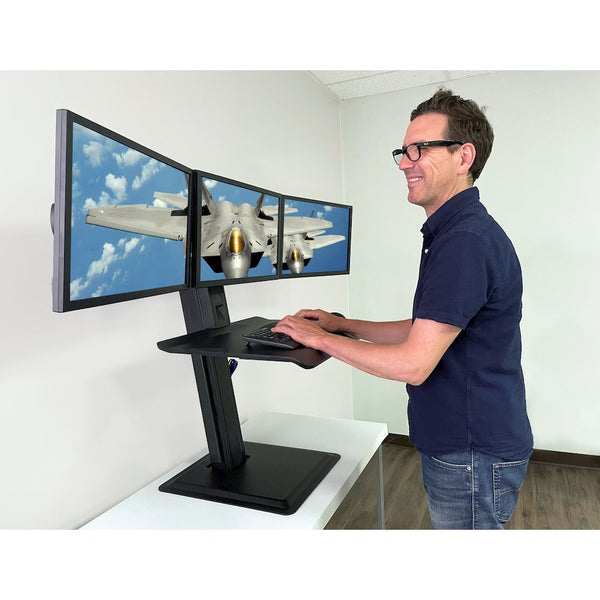 Rocelco, 27" Adjustable Triple Monitor Standing Desk, USB Charger, Heavy-Duty