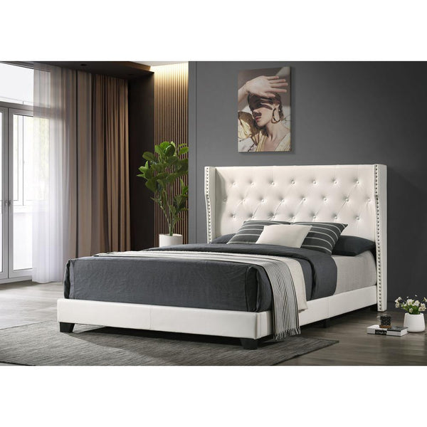 White Faux Leather Uph. Panel Bed Tufted Buttons Side Studs, Eastern King