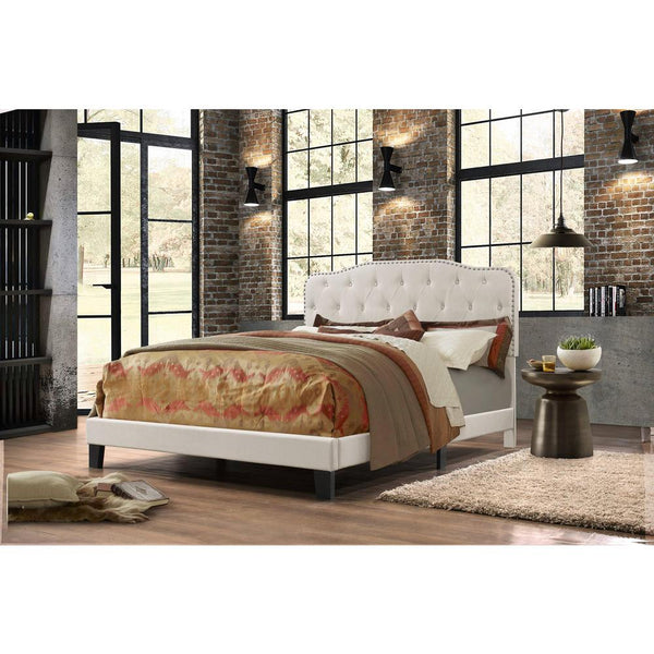 Beige Linen Uph. Panel Bed with Silver Nailhead- Twin