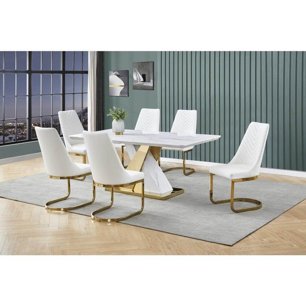 7pc White faux marble set with 6 white faux leather chairs - Lacasademartha