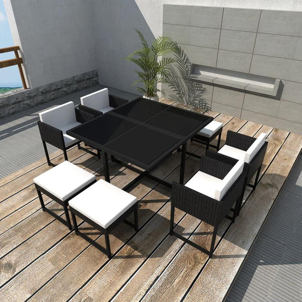 9 Piece Outdoor Dining Set with Cushions Poly Rattan Black, 42759