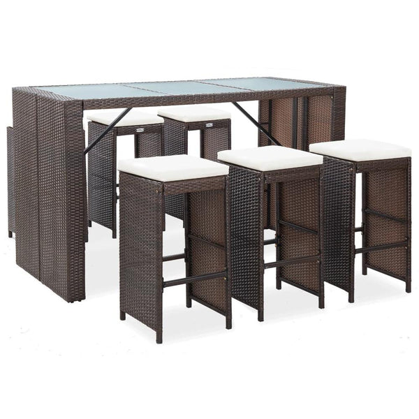 7 Piece Garden Bar Set with Cushions Poly Rattan Brown, 49559