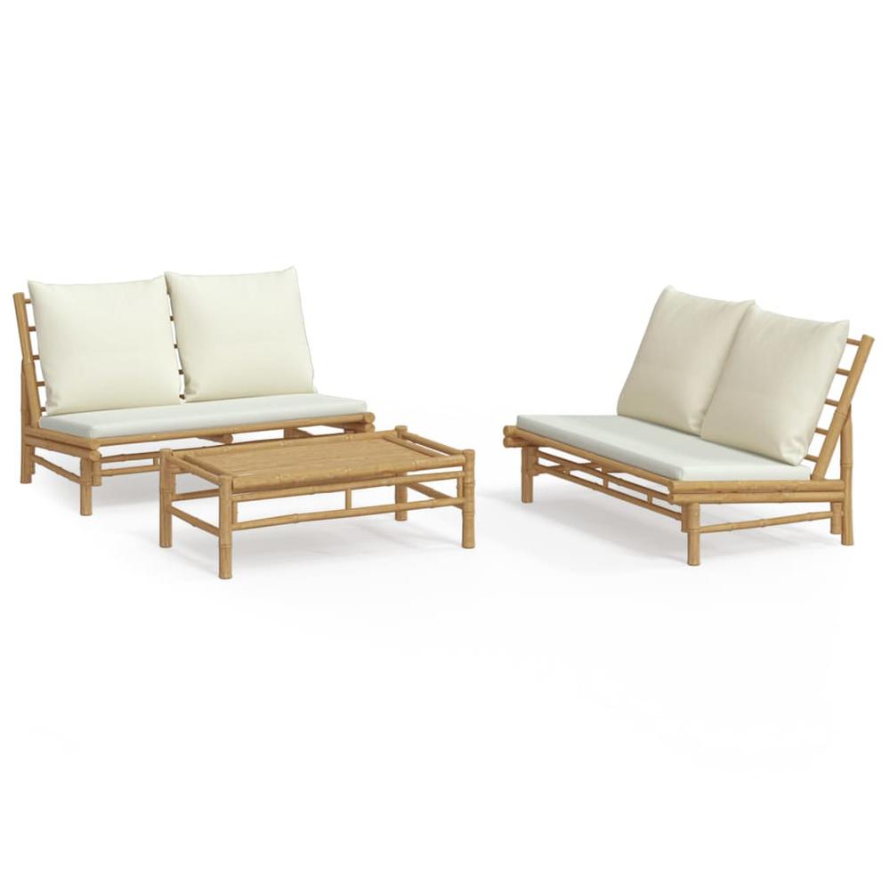 3 Piece Patio Lounge Set with Cream White Cushions Bamboo