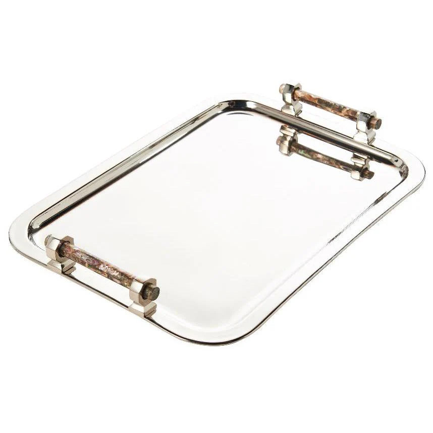 Rectangular Polished Nickel Tray with Pink Abalone Handles