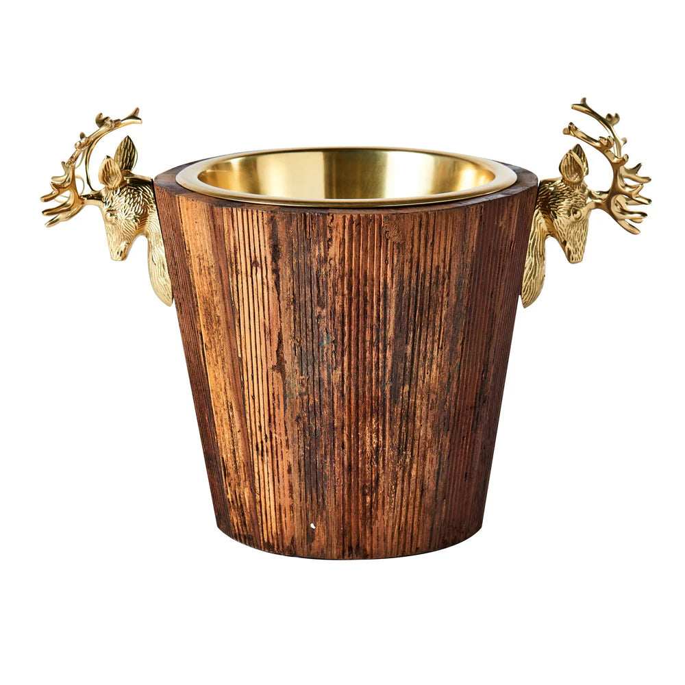 Chalet, Antique Brass Wine Cooler With Stag Head Handles