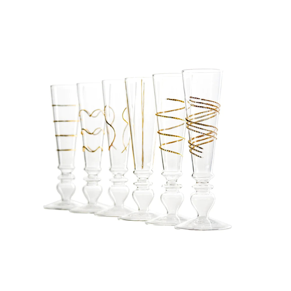 Footed Razzle Dazzle Champagne Flutes with Gold Accents, Set of 6 - Lacasademartha 