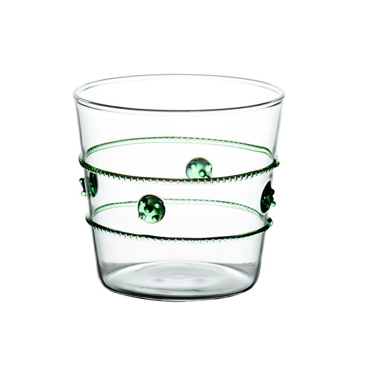 Double Green Old Fashioned Glasses With Applied Green Rope/Medallions, Set of 4