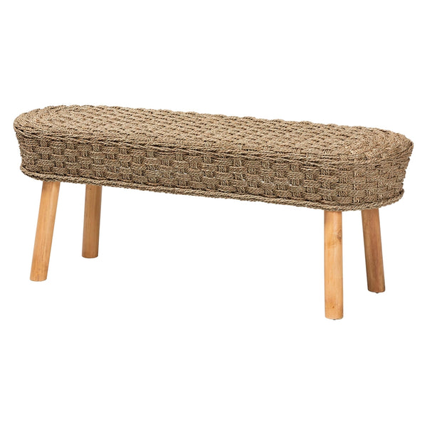 BALI & PARI DENVER MODERN BOHEMIAN NATURAL SEAGRASS AND ACACIA WOOD ACCENT BENCH