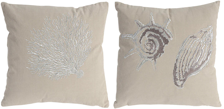 Cotton Pillow With Seashell Embroidery, Set Of 2 - Lacasademartha 