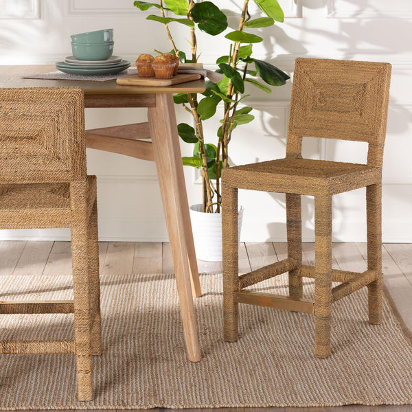 BALI & PARI ANFIELD MODERN BOHEMIAN NATURAL SEAGRASS AND MAHOGANY WOOD COUNTER STOOL